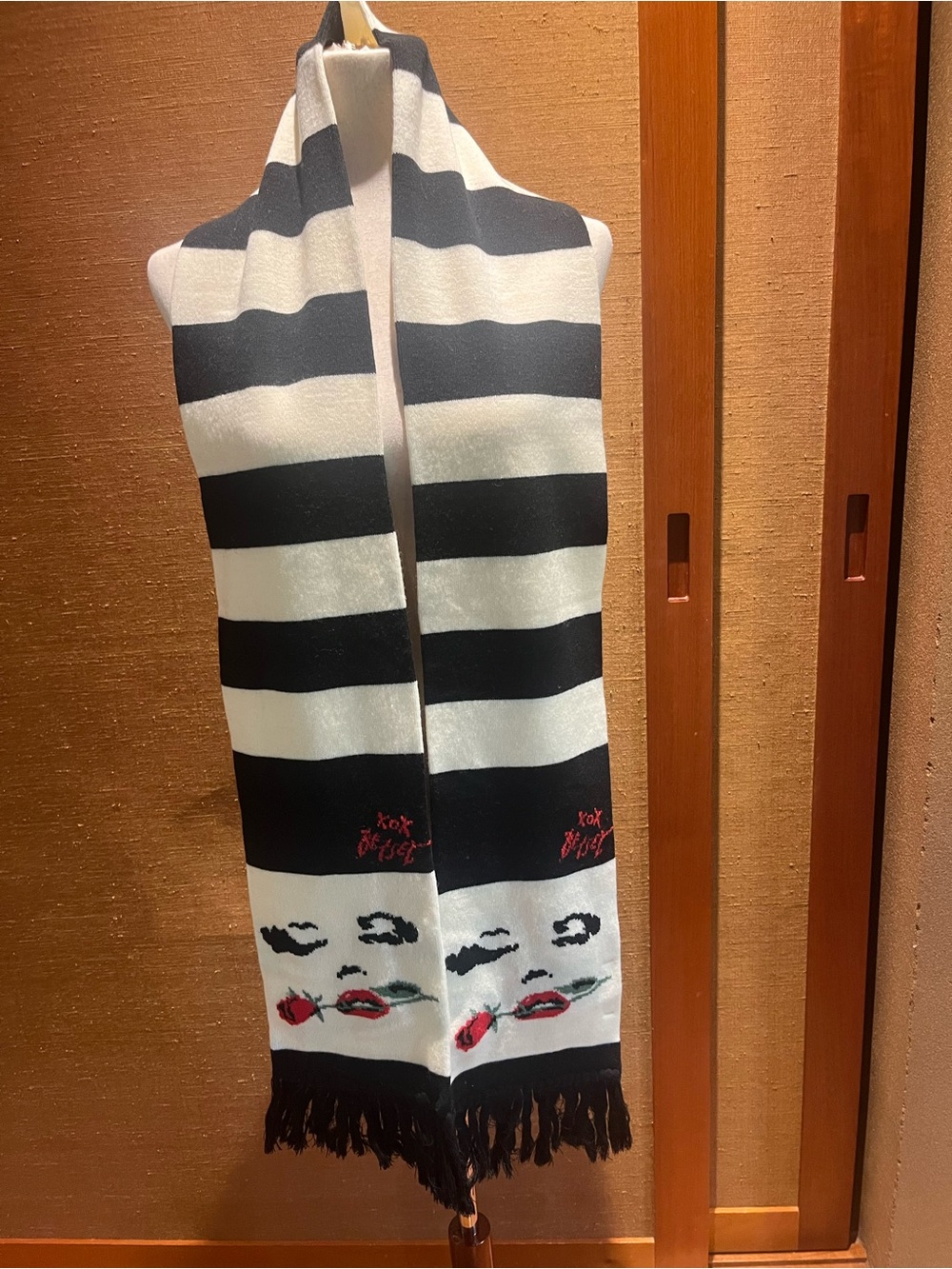 Betsey Johnson Black and White Striped Scarf with Red Lip Accents